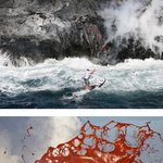 용암이 <b>분출</b>하는 화산 앞에서 서핑을 한 남자!