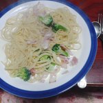 크림 파스타 &amp; <b>황도</b> &amp; 녹차라떼