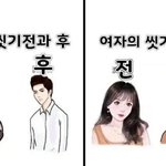 남녀의 씻기 <b>전과</b> 씻은 후