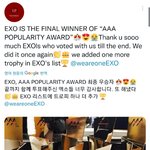 [EXO] 우리 <b>AAA</b> 인기상 1위했대