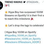 [뉴진스] Hype <b>boy</b> 스포티파이 1억 스밍 돌파!