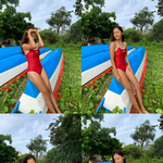 '<b>발리</b> 정착' 허가윤, 강렬한 '레드 수영복' 자태…구릿빛 피부+탄탄한...