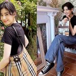  장미 아래 미소 머금고…<b>버버리</b> 토트로 완성한 ‘꾸안꾸 나들이룩’