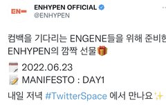 내일 저녁에 엔하이픈 스페이스 한대