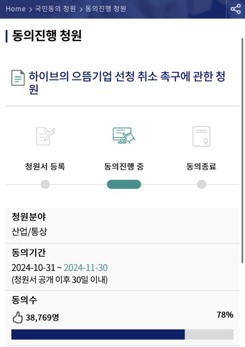 하이브 으뜸기업 취소 국민청원