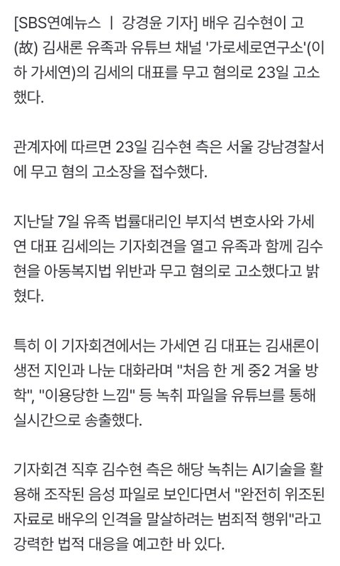 [단독] 김수현, 김새론 유족·가세연 김세의 '무고 혐의'로 고소