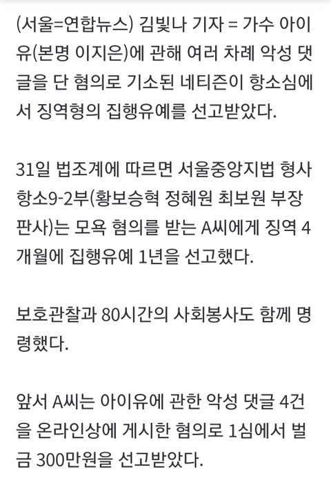아이유에 악플 네티즌, 2심서 징역형 집유로 형량 "반성 없어"