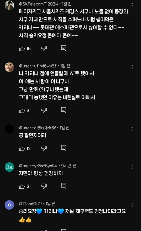 카리나 시구 유튜브댓글반응